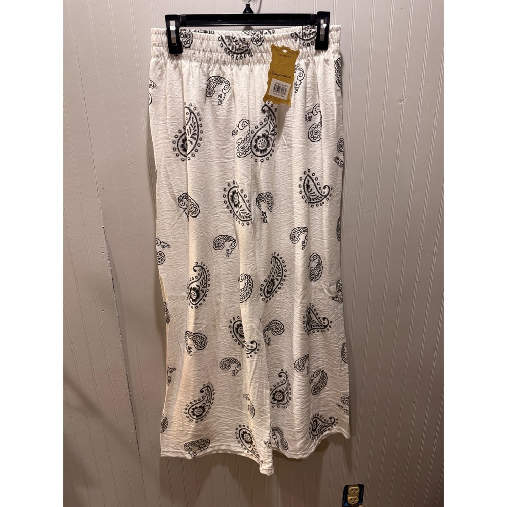 Xingyunmei White Black Paisley Wide Leg Boho Elastic Waist Pants New NWT